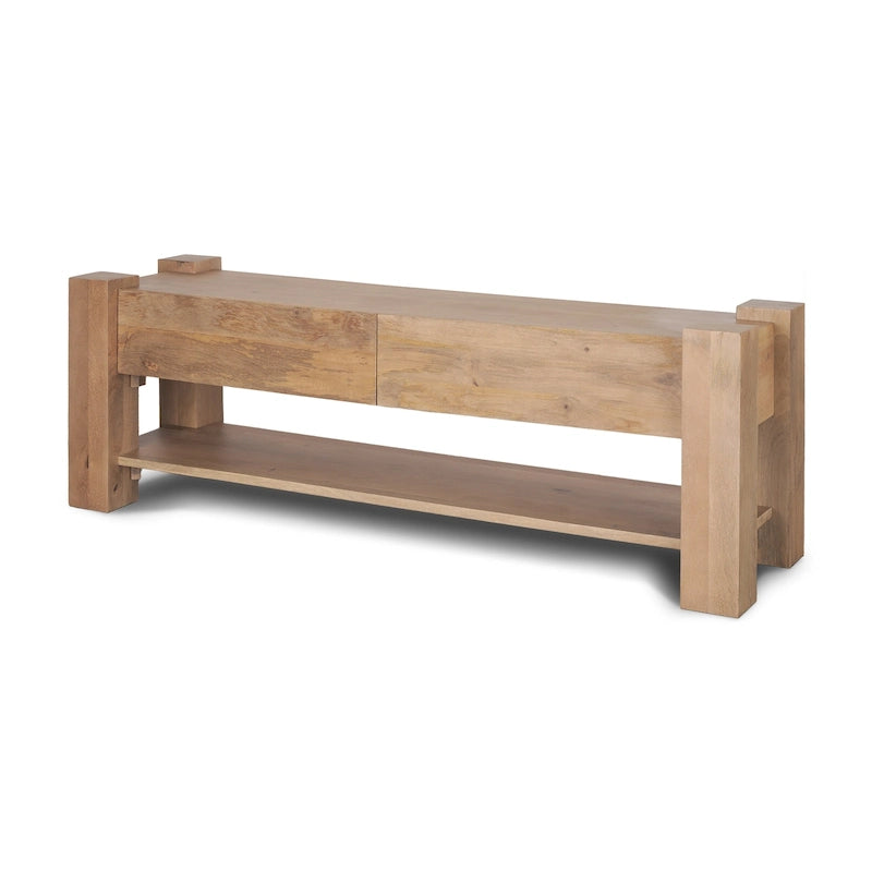 Meuble TV en manguier massif brun clair avec finition décapée blanche, 2 tiroirs et étagère inférieure – 177,8 cm L