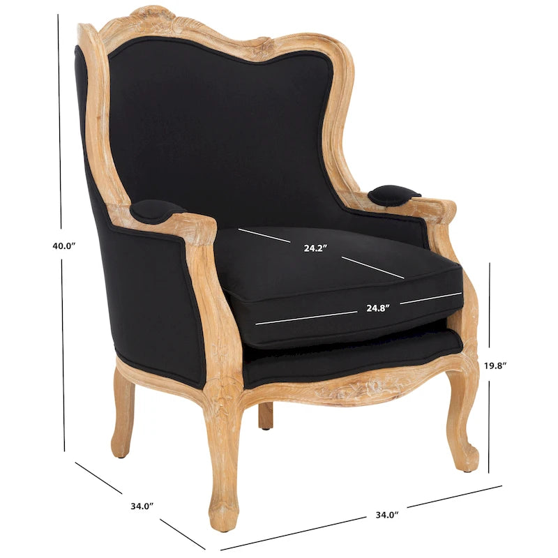 Fauteuil à oreilles Camelback Noir / Ivoire / Lin Naturel avec cadre en bois sculpté – 1 place