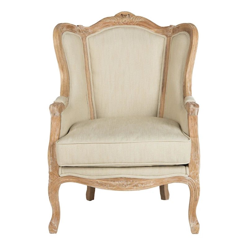 Fauteuil à oreilles Camelback Noir / Ivoire / Lin Naturel avec cadre en bois sculpté – 1 place