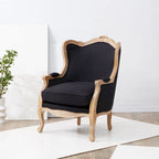 Fauteuil à oreilles Camelback Noir / Ivoire / Lin Naturel avec cadre en bois sculpté – 1 place