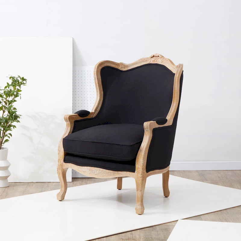 Fauteuil à oreilles Camelback Noir / Ivoire / Lin Naturel avec cadre en bois sculpté – 1 place