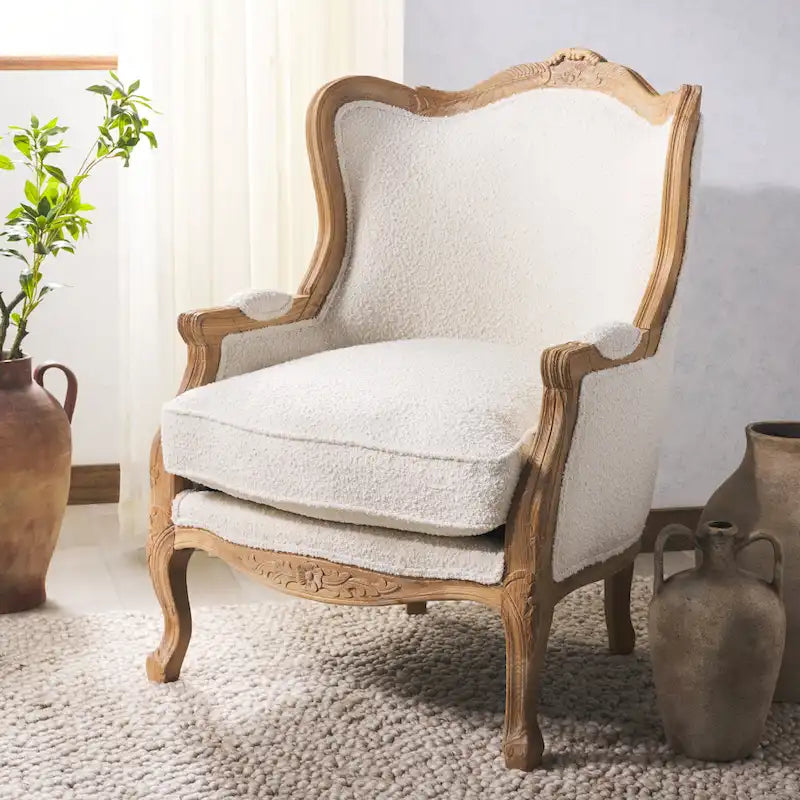 Fauteuil à oreilles Camelback Noir / Ivoire / Lin Naturel avec cadre en bois sculpté – 1 place