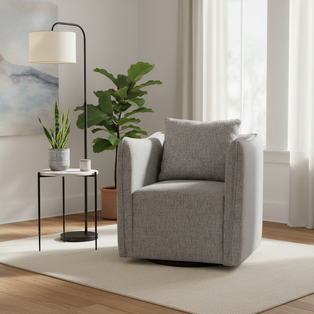 Fauteuil pivotant d'appoint en mélange de lin naturel avec accoudoirs abritants et base en bois de bouleau – 1 place