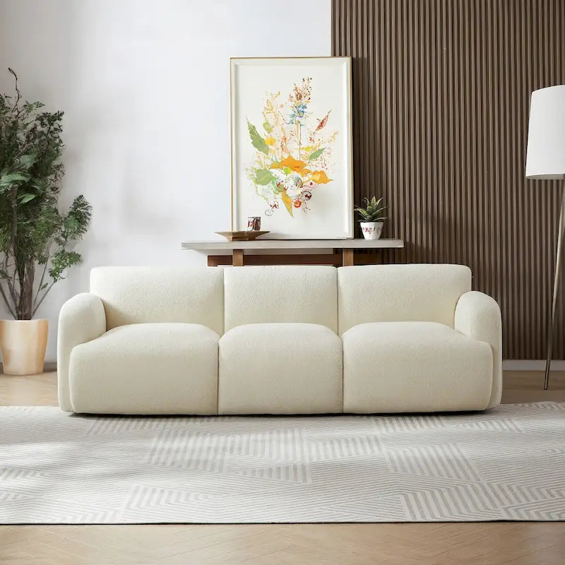 Canapé 3 places touffeté en tissu bouclé crème avec pieds en bois massif, style moderne du milieu du siècle – 3 places