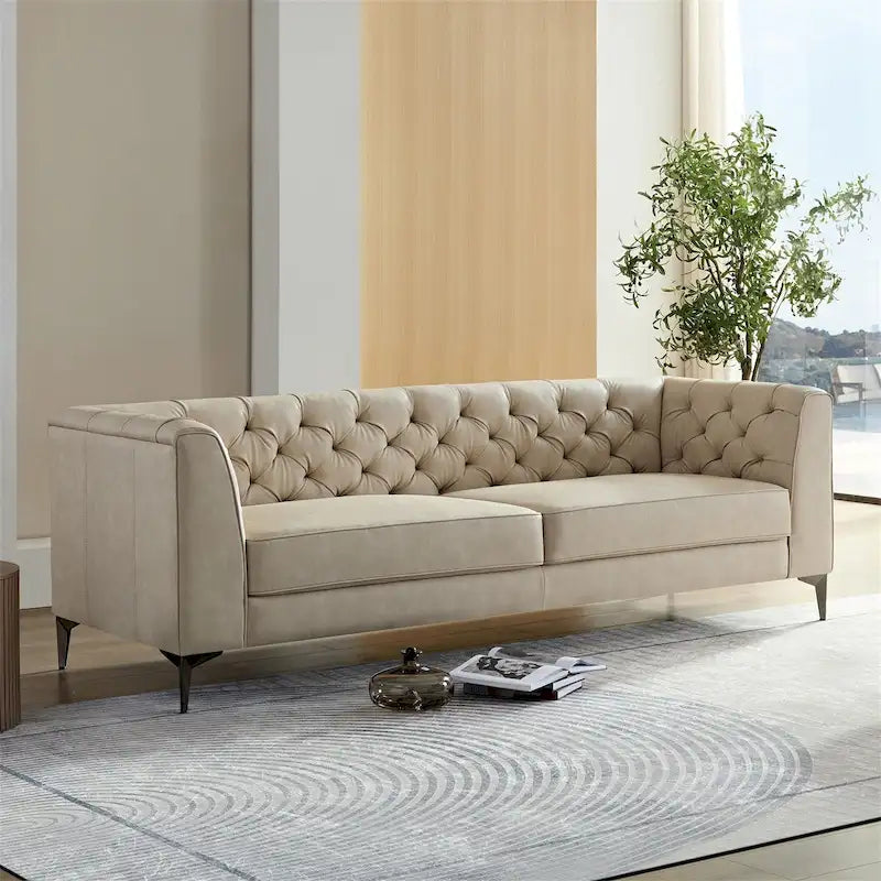 Canapé moderne en similicuir beige/marron avec pieds en métal – 3 places