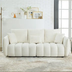 Canapé 3 places en velours Teddy beige/vert/noir avec 3 coussins et cadre en bois massif – 210,8 cm de large