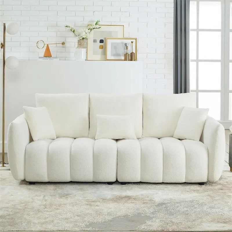 Canapé 3 places en velours Teddy beige/vert/noir avec 3 coussins et cadre en bois massif – 210,8 cm de large