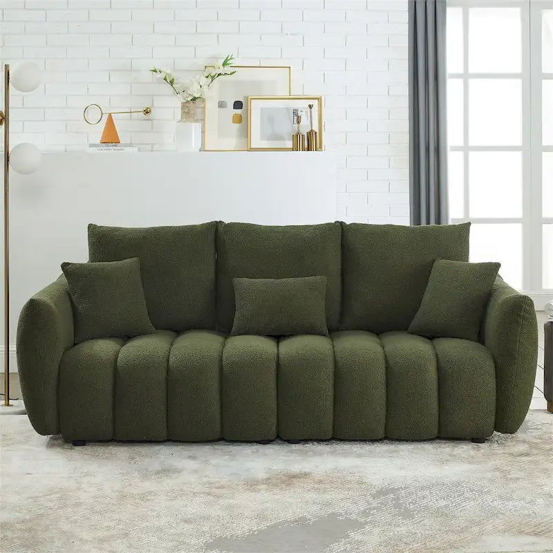 Canapé 3 places en velours Teddy beige/vert/noir avec 3 coussins et cadre en bois massif – 210,8 cm de large
