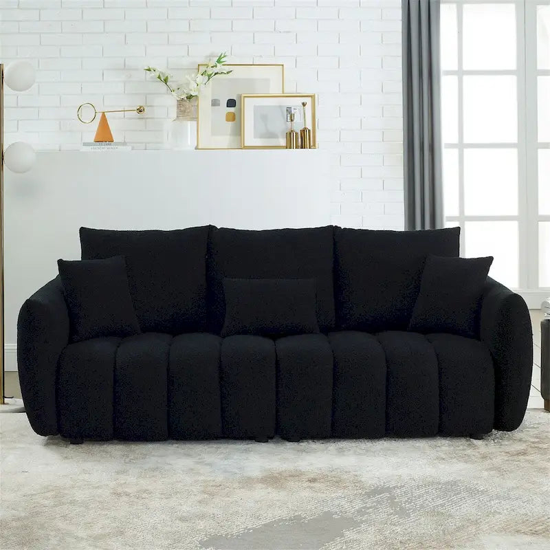 Canapé 3 places en velours Teddy beige/vert/noir avec 3 coussins et cadre en bois massif – 210,8 cm de large