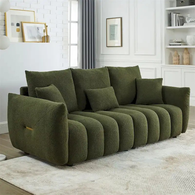 Canapé 3 places en velours Teddy beige/vert/noir avec 3 coussins et cadre en bois massif – 210,8 cm de large