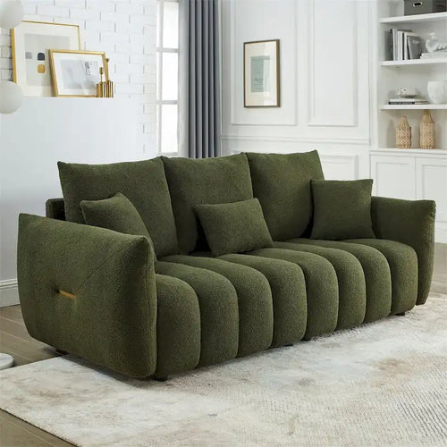 Canapé 3 places en velours Teddy beige/vert/noir avec 3 coussins et cadre en bois massif – 210,8 cm de large