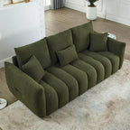 Canapé 3 places en velours Teddy beige/vert/noir avec 3 coussins et cadre en bois massif – 210,8 cm de large