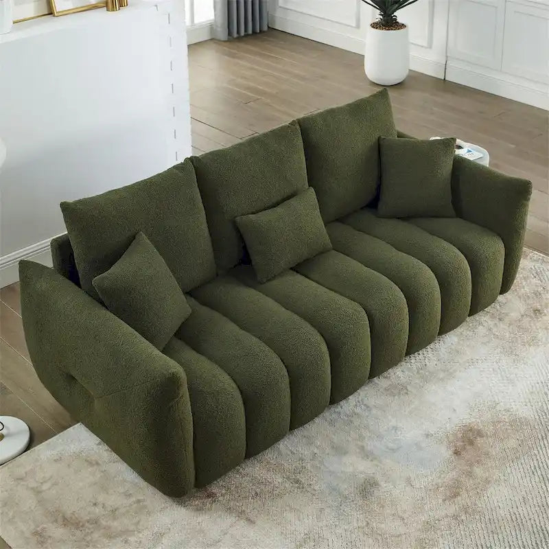 Canapé 3 places en velours Teddy beige/vert/noir avec 3 coussins et cadre en bois massif – 210,8 cm de large