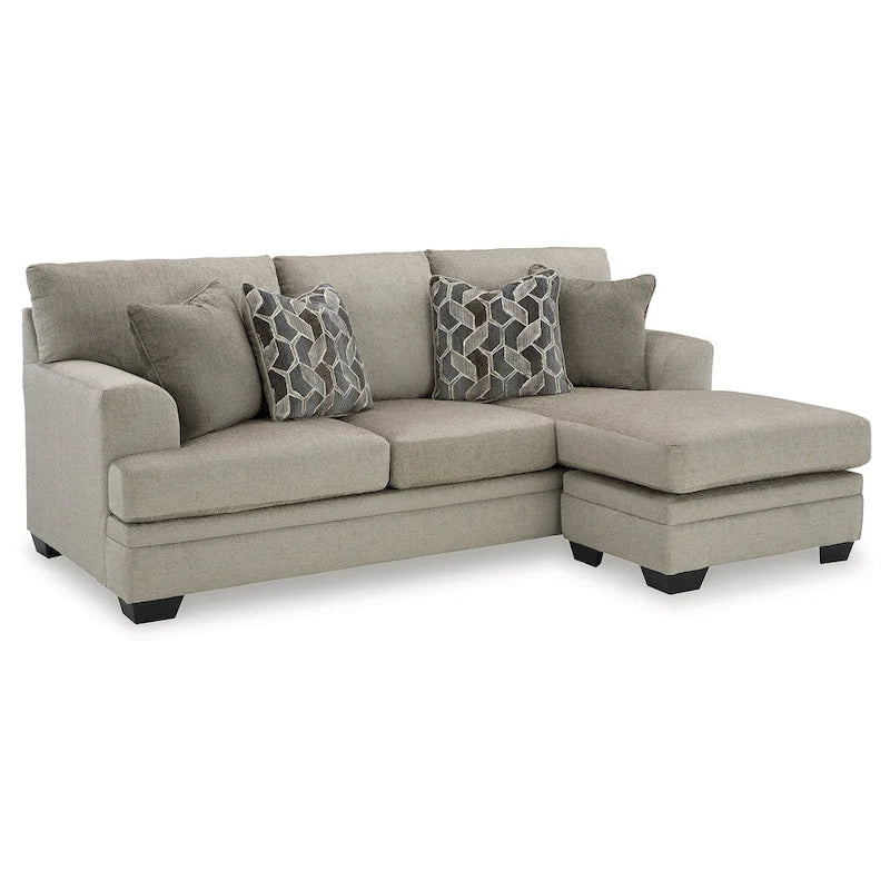 Canapé en polyester muscade/taupe avec méridienne réversible et pieds en faux bois – 3 places, 234 cm L