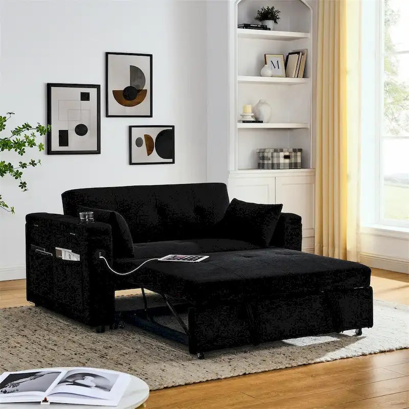 Canapé-lit gigogne 3 en 1 en chenille noir / gris / beige avec port USB et accoudoirs de rangement – 2 places