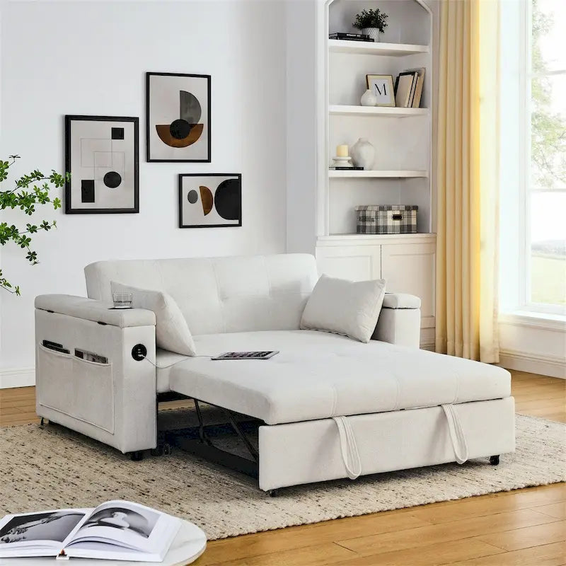 Canapé-lit gigogne 3 en 1 en chenille noir / gris / beige avec port USB et accoudoirs de rangement – 2 places