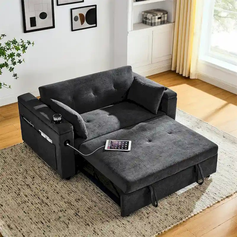 Canapé-lit gigogne 3 en 1 en chenille noir / gris / beige avec port USB et accoudoirs de rangement – 2 places