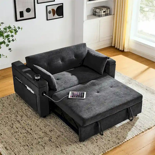 Canapé-lit gigogne 3 en 1 en chenille noir / gris / beige avec port USB et accoudoirs de rangement – 2 places