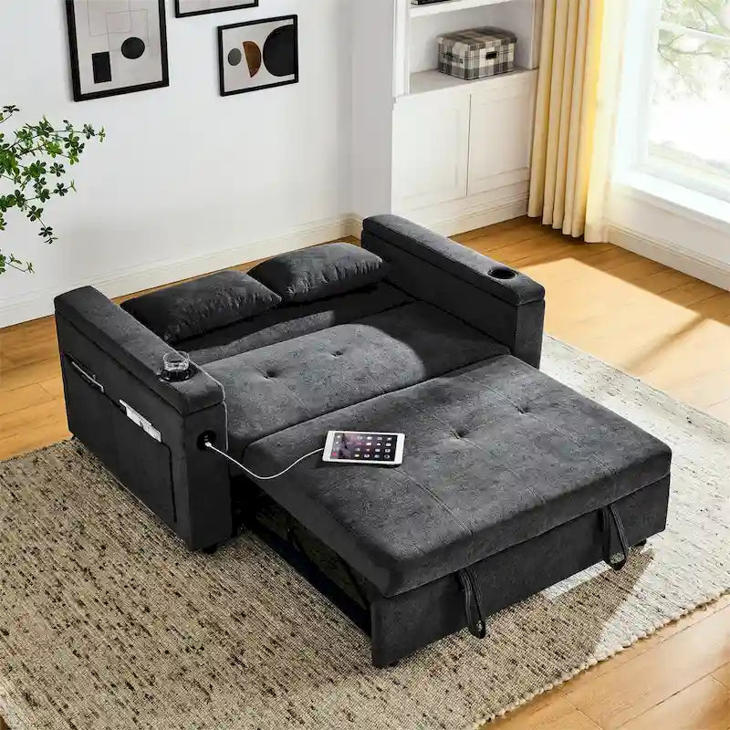 Canapé-lit gigogne 3 en 1 en chenille noir / gris / beige avec port USB et accoudoirs de rangement – 2 places