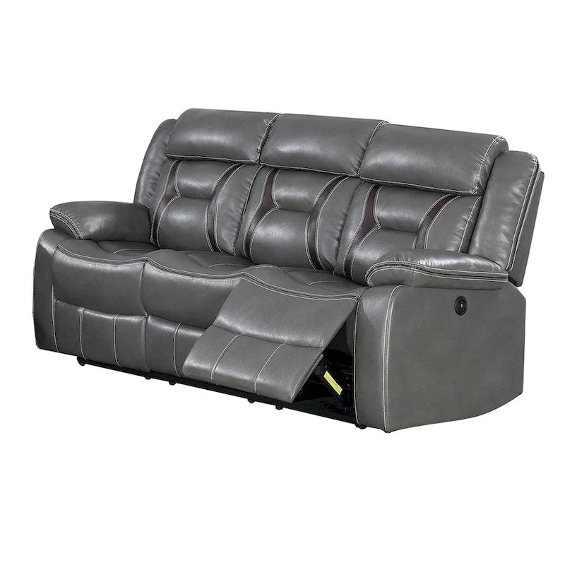 Canapé inclinable électrique en similicuir gris avec appuie-tête réglables et surpiqûres contrastantes – 3 places