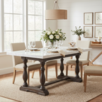 Table à manger rectangulaire en marbre blanc et bois brun – 6 places, 183 cm L