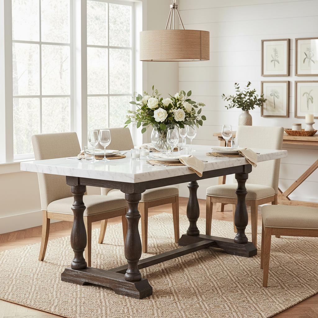 Table à manger rectangulaire en marbre blanc et bois brun – 6 places, 183 cm L