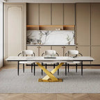 Table de salle à manger rectangulaire extensible en pierre frittée blanche/noire avec pieds en acier en forme de X – 6 à 8 places, 160–239 cm L