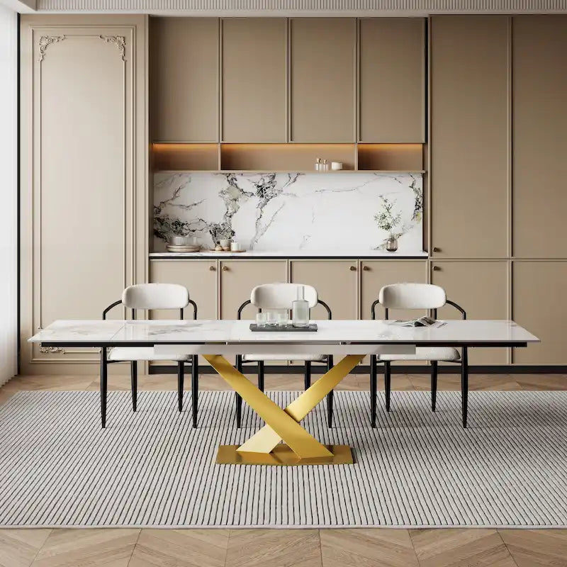 Table de salle à manger rectangulaire extensible en pierre frittée blanche/noire avec pieds en acier en forme de X – 6 à 8 places, 160–239 cm L