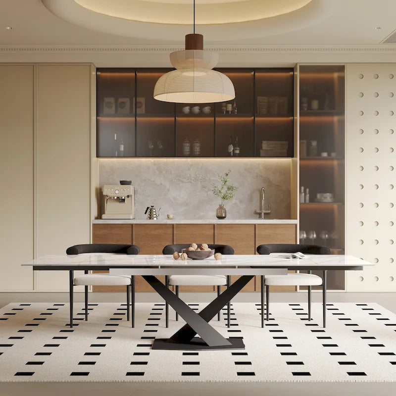 Table de salle à manger rectangulaire extensible en pierre frittée blanche/noire avec pieds en acier en forme de X – 6 à 8 places, 160–239 cm L