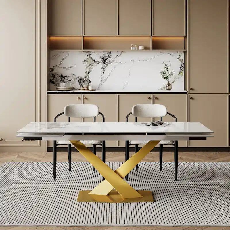 Table de salle à manger rectangulaire extensible en pierre frittée blanche/noire avec pieds en acier en forme de X – 6 à 8 places, 160–239 cm L