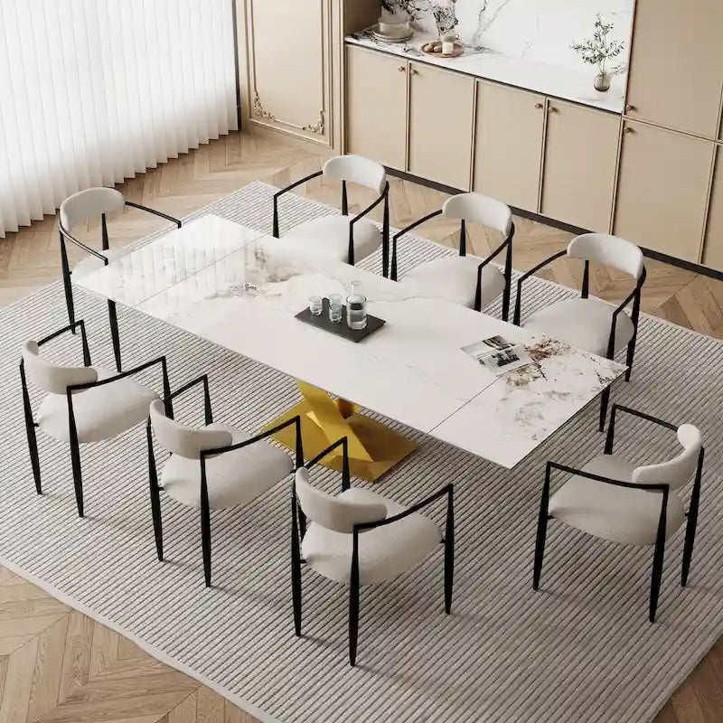 Table de salle à manger rectangulaire extensible en pierre frittée blanche/noire avec pieds en acier en forme de X – 6 à 8 places, 160–239 cm L