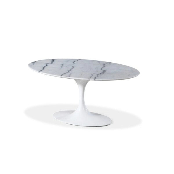 Table de salle à manger ovale à plateau en marbre blanc sur pied central – 4 à 6 places, 170 cm L
