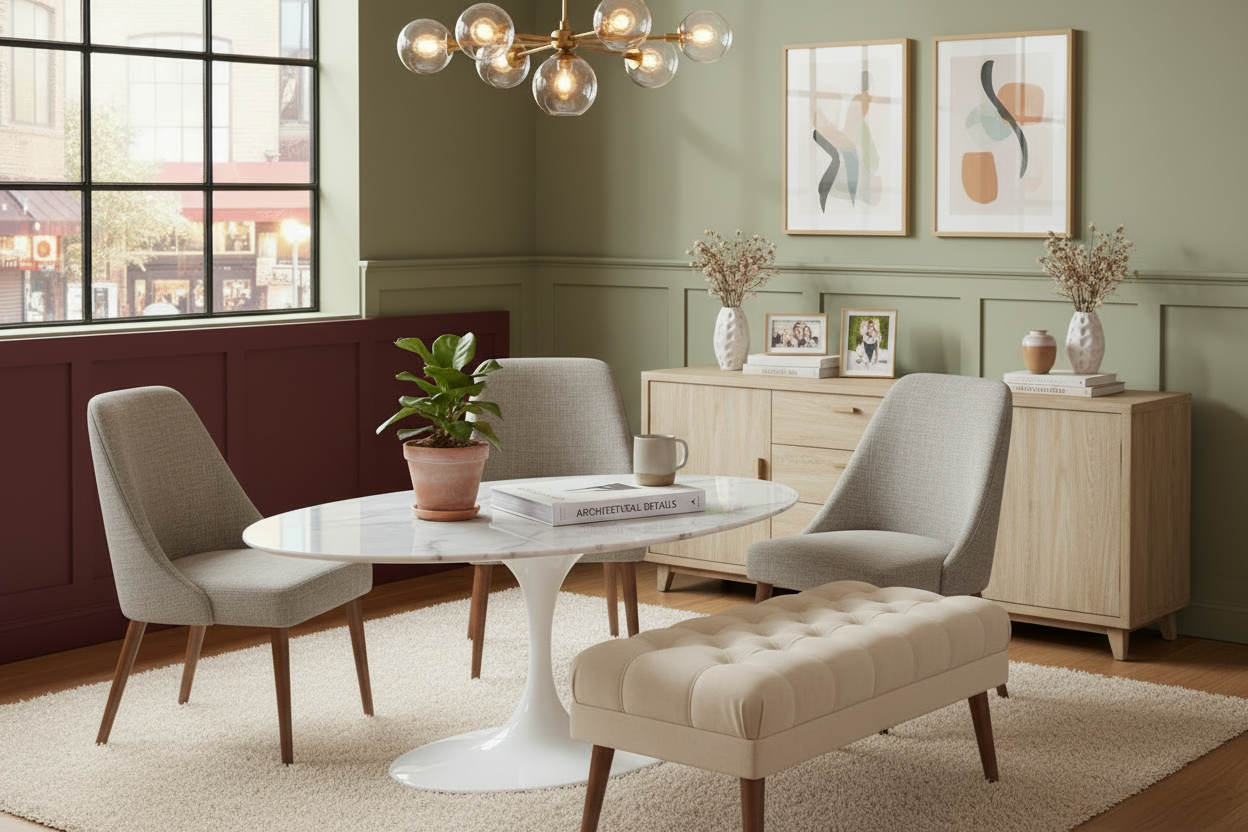 Table de salle à manger ovale à plateau en marbre blanc sur pied central – 4 à 6 places, 170 cm L