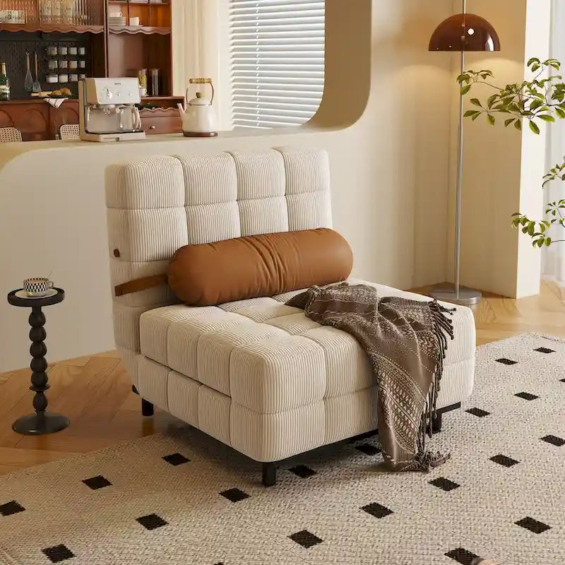 Fauteuil convertible en velours côtelé beige/chameau – 1 place, se déplie en lit simple