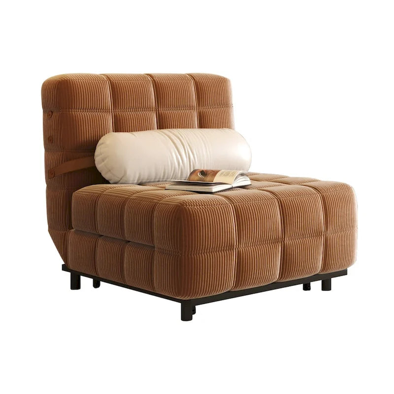 Fauteuil convertible en velours côtelé beige/chameau – 1 place, se déplie en lit simple