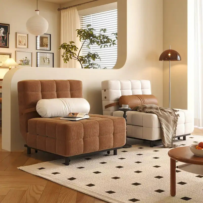 Fauteuil convertible en velours côtelé beige/chameau – 1 place, se déplie en lit simple
