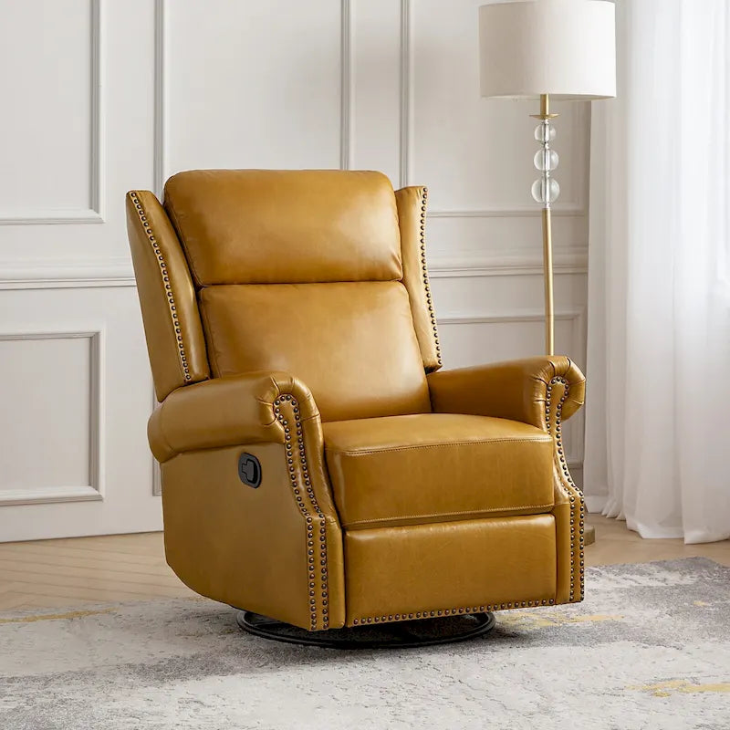 Fauteuil inclinable, pivotant et coulissant manuel en cuir véritable, coloris Camel / Selle / Noir / Bourgogne / Espresso, avec garniture cloutée – 1 place