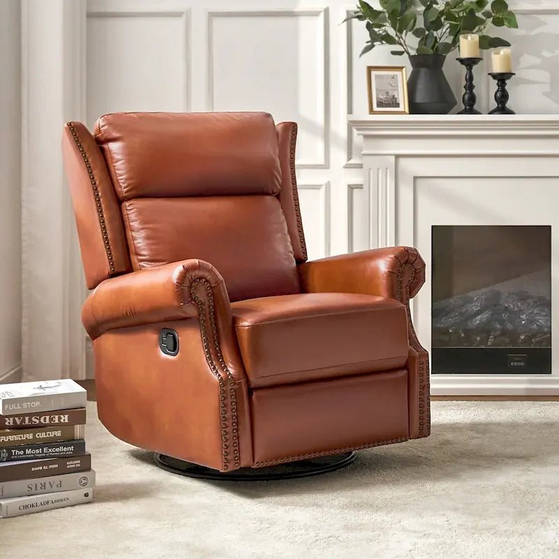Fauteuil inclinable, pivotant et coulissant manuel en cuir véritable, coloris Camel / Selle / Noir / Bourgogne / Espresso, avec garniture cloutée – 1 place