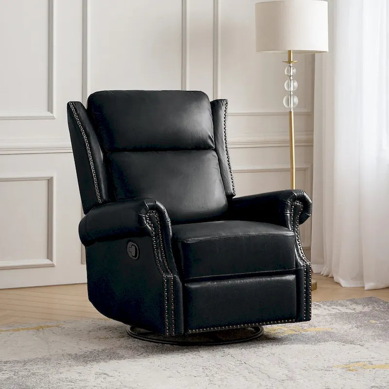 Fauteuil inclinable, pivotant et coulissant manuel en cuir véritable, coloris Camel / Selle / Noir / Bourgogne / Espresso, avec garniture cloutée – 1 place