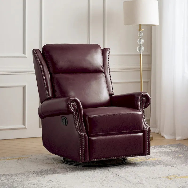 Fauteuil inclinable, pivotant et coulissant manuel en cuir véritable, coloris Camel / Selle / Noir / Bourgogne / Espresso, avec garniture cloutée – 1 place