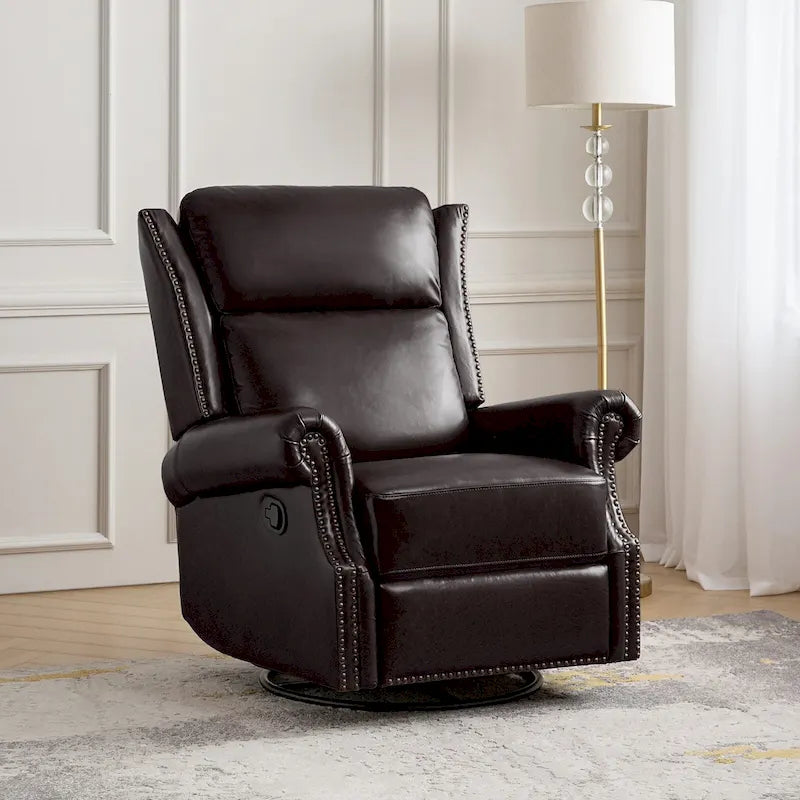 Fauteuil inclinable, pivotant et coulissant manuel en cuir véritable, coloris Camel / Selle / Noir / Bourgogne / Espresso, avec garniture cloutée – 1 place
