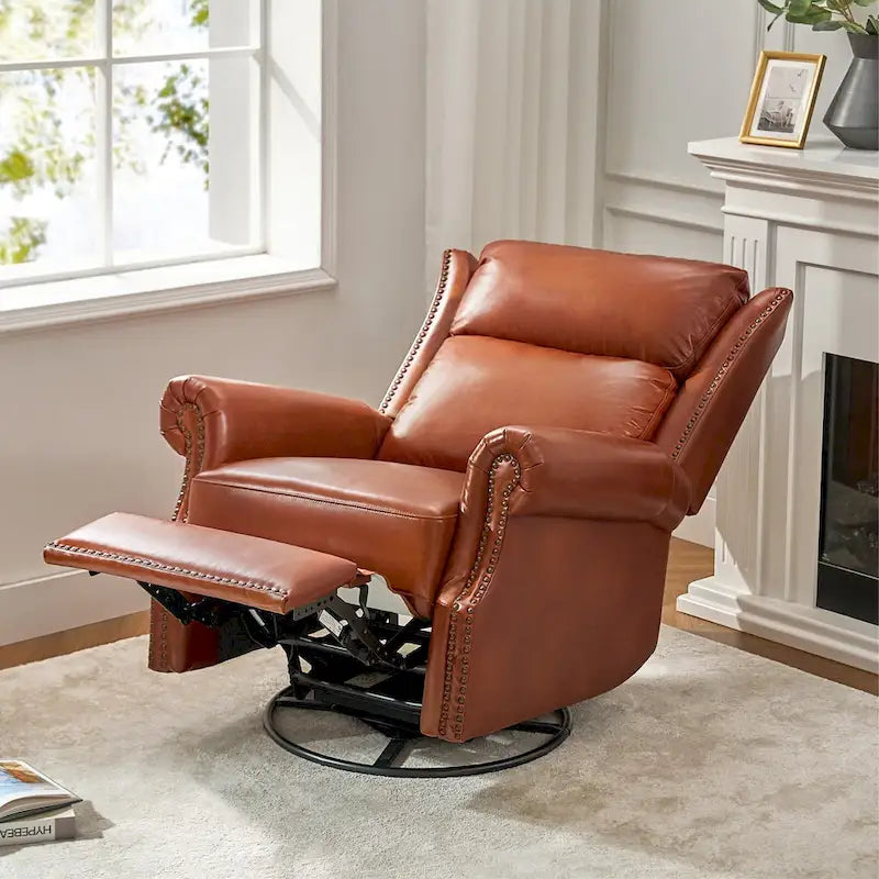 Fauteuil inclinable, pivotant et coulissant manuel en cuir véritable, coloris Camel / Selle / Noir / Bourgogne / Espresso, avec garniture cloutée – 1 place