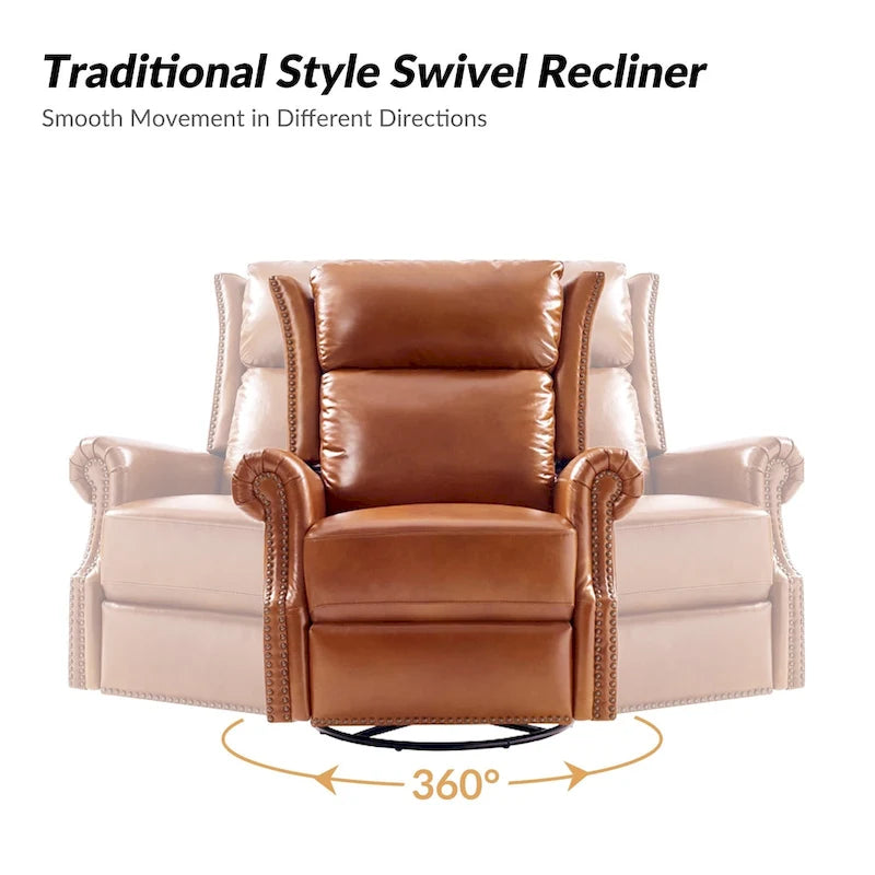 Fauteuil inclinable, pivotant et coulissant manuel en cuir véritable, coloris Camel / Selle / Noir / Bourgogne / Espresso, avec garniture cloutée – 1 place