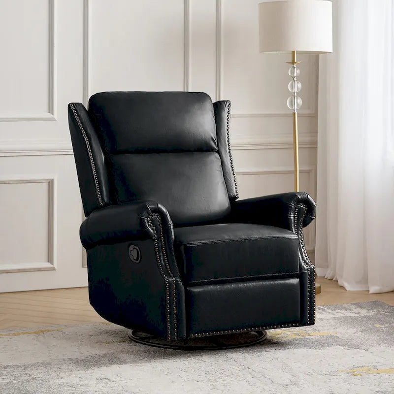 Fauteuil inclinable, pivotant et coulissant manuel en cuir véritable, coloris Camel / Selle / Noir / Bourgogne / Espresso, avec garniture cloutée – 1 place