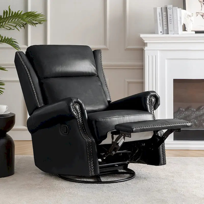Fauteuil inclinable, pivotant et coulissant manuel en cuir véritable, coloris Camel / Selle / Noir / Bourgogne / Espresso, avec garniture cloutée – 1 place