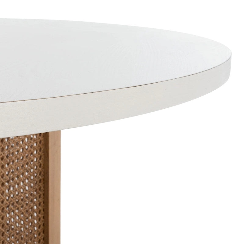 Table à manger ronde en faux marbre blanc/noir/naturel avec base hexagonale en cannage – 4 places, 119 cm L