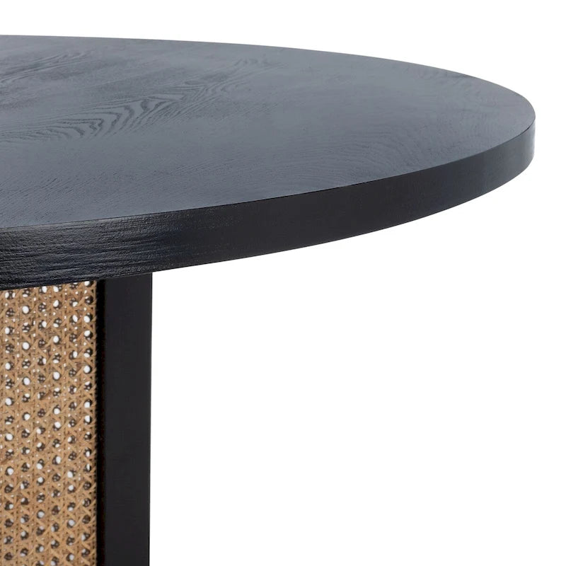 Table à manger ronde en faux marbre blanc/noir/naturel avec base hexagonale en cannage – 4 places, 119 cm L