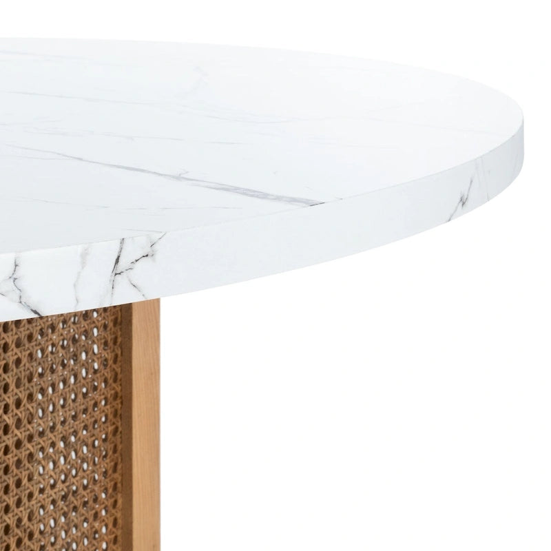 Table à manger ronde en faux marbre blanc/noir/naturel avec base hexagonale en cannage – 4 places, 119 cm L