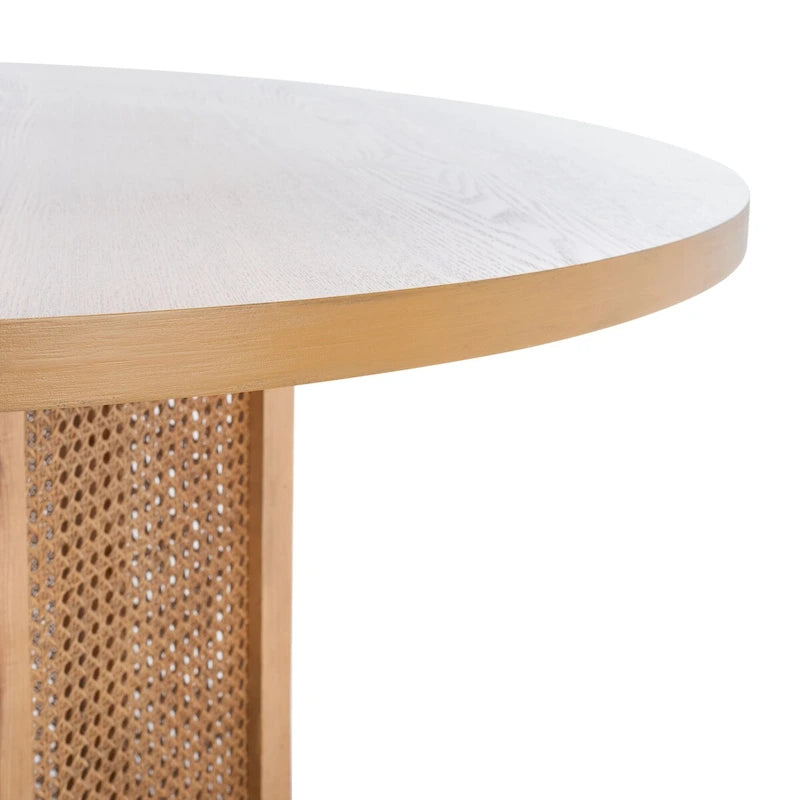 Table à manger ronde en faux marbre blanc/noir/naturel avec base hexagonale en cannage – 4 places, 119 cm L