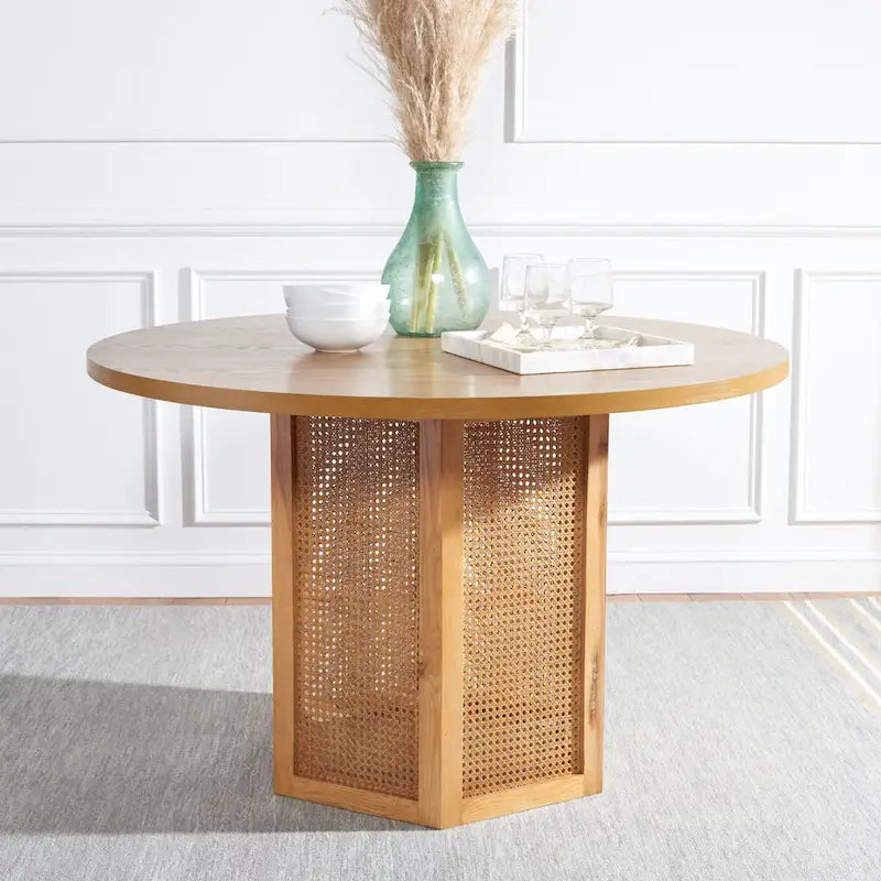Table à manger ronde en faux marbre blanc/noir/naturel avec base hexagonale en cannage – 4 places, 119 cm L
